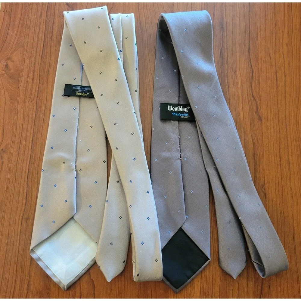 Vintage Wembley Gold Brown Satin Necktie‎ Subtle Diamond Dot Pattern Lot Of 2